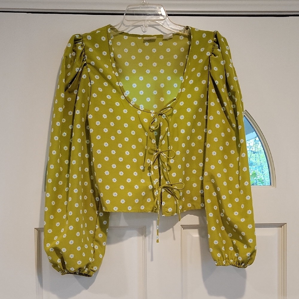 Levi's Olive Green Daisy Tie-Front Puff Sleeve Blouse